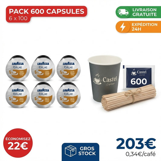 Pack 600 capsules Lavazza Blue Caffè Crema Lungo gobelets sucre touillettes professionnel