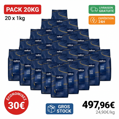 Café Lavazza Super Crema 20kg en grains pack professionnel 20 sachets