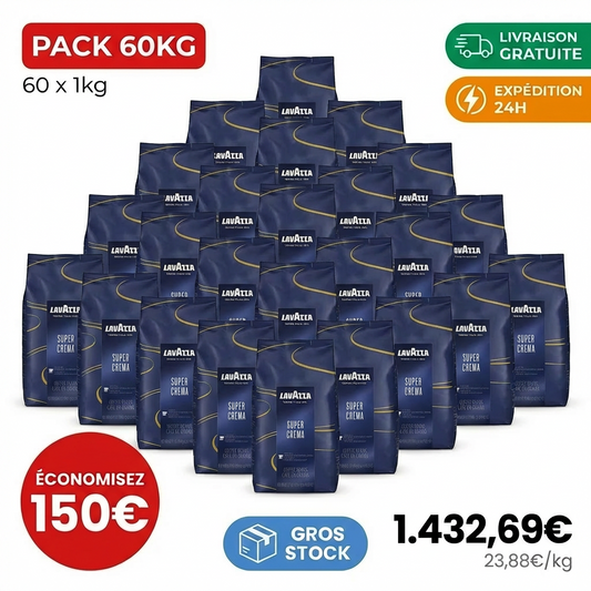 Café Lavazza Super Crema 60kg grossiste pack professionnel 60 sachets grains
