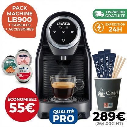 Pack machine Lavazza Blue LB900 Compact 300 capsules Venezia Lungo gobelets sucre touillettes