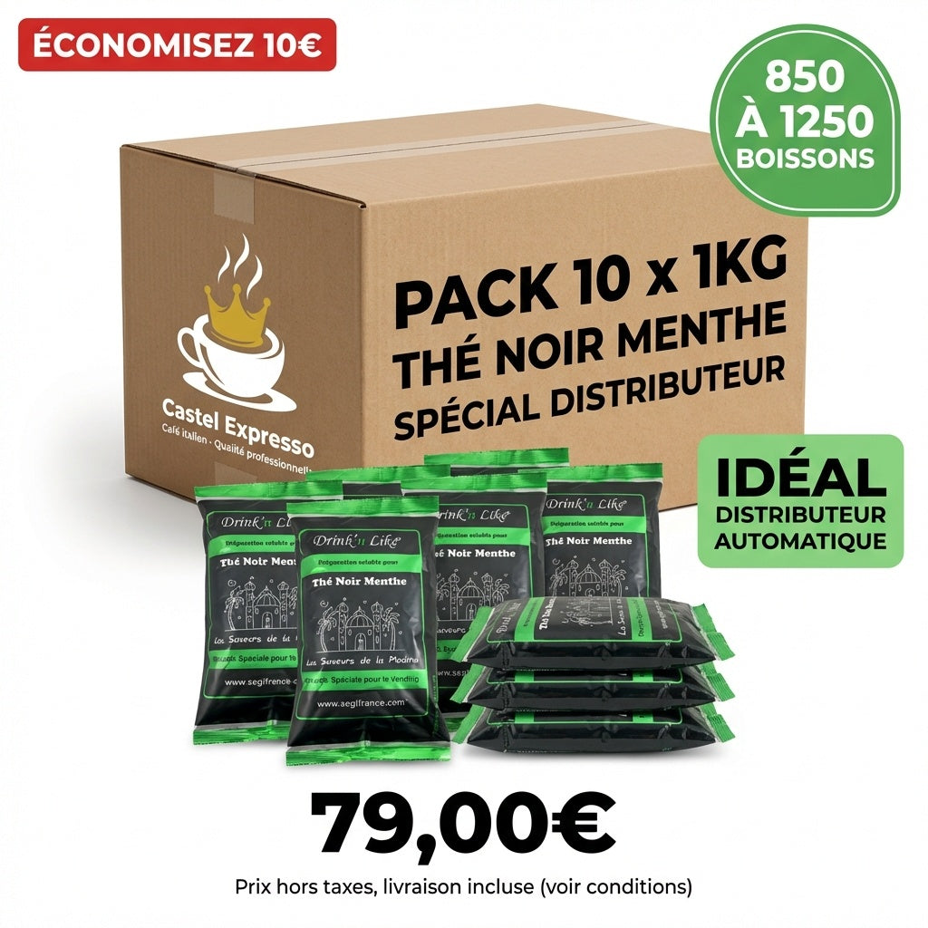 Thé noir menthe instantané 10kg professionnel pack 10 sachets 1kg distributeur automatique